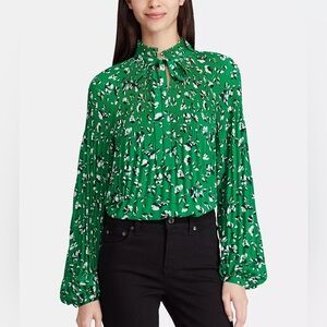 LAUREN Ralph Lauren Floral Print Tie Neck Georgette Top Woman’s Oversized Small